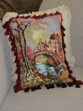 Handmade Vintage Needlepoint Pillow with Tassel trim